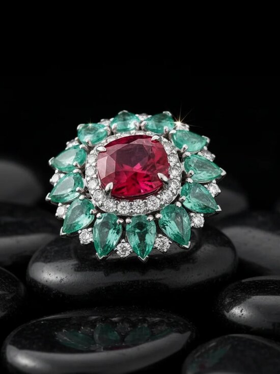 Diamond Signet Ring, Marquise Gold Ring, Multi Stone Ring  Ruby Emerald Diamond 18K Yellow Gold Signet Ring